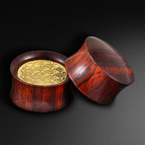 Sono Wood Double Flare Plug With Brass Japanese Wave Inlay