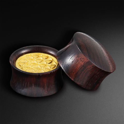 Sono Wood Double Flare Plug With Brass Seed Of Life Inlay